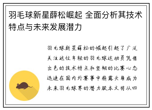羽毛球新星薛松崛起 全面分析其技术特点与未来发展潜力