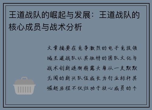 王道战队的崛起与发展：王道战队的核心成员与战术分析