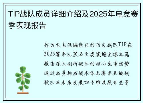 TIP战队成员详细介绍及2025年电竞赛季表现报告