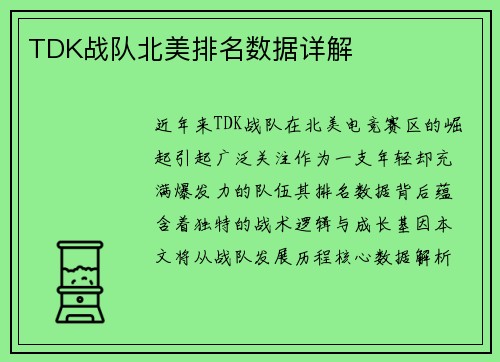TDK战队北美排名数据详解