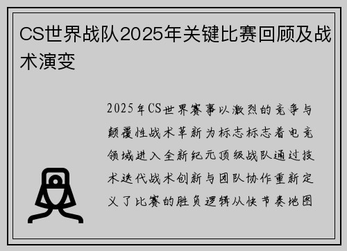 CS世界战队2025年关键比赛回顾及战术演变